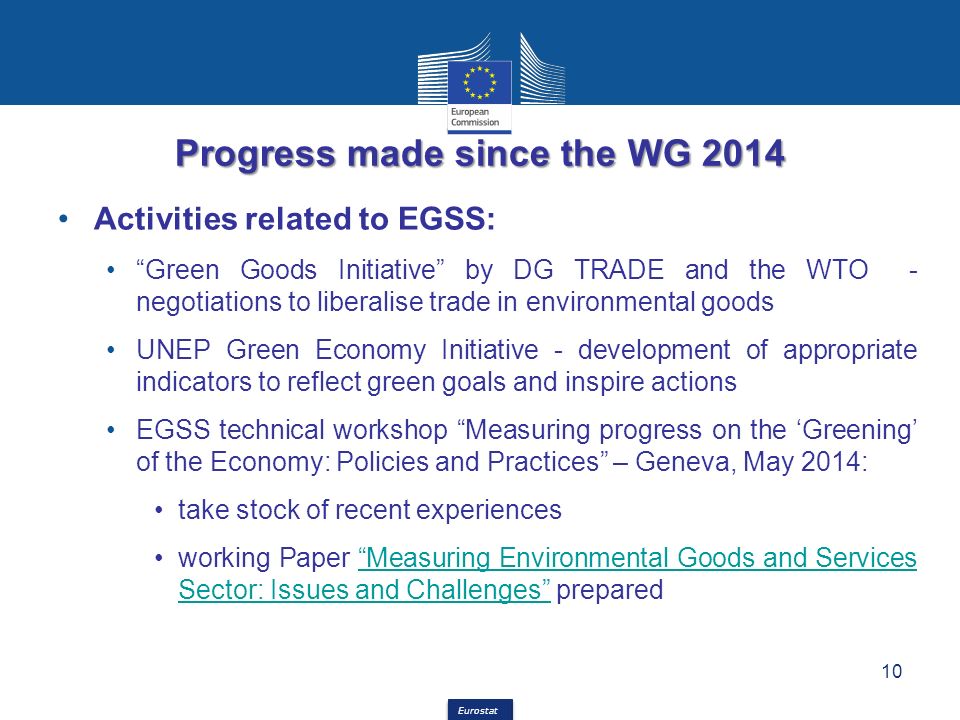 Eurostat Progress made since the WG 2014 Activities related to EGSS: Green Goods Initiative by DG TRADE and the WTO - negotiations to liberalise trade in environmental goods UNEP Green Economy Initiative - development of appropriate indicators to reflect green goals and inspire actions EGSS technical workshop Measuring progress on the ‘Greening’ of the Economy: Policies and Practices – Geneva, May 2014: take stock of recent experiences working Paper Measuring Environmental Goods and Services Sector: Issues and Challenges prepared Measuring Environmental Goods and Services Sector: Issues and Challenges 10