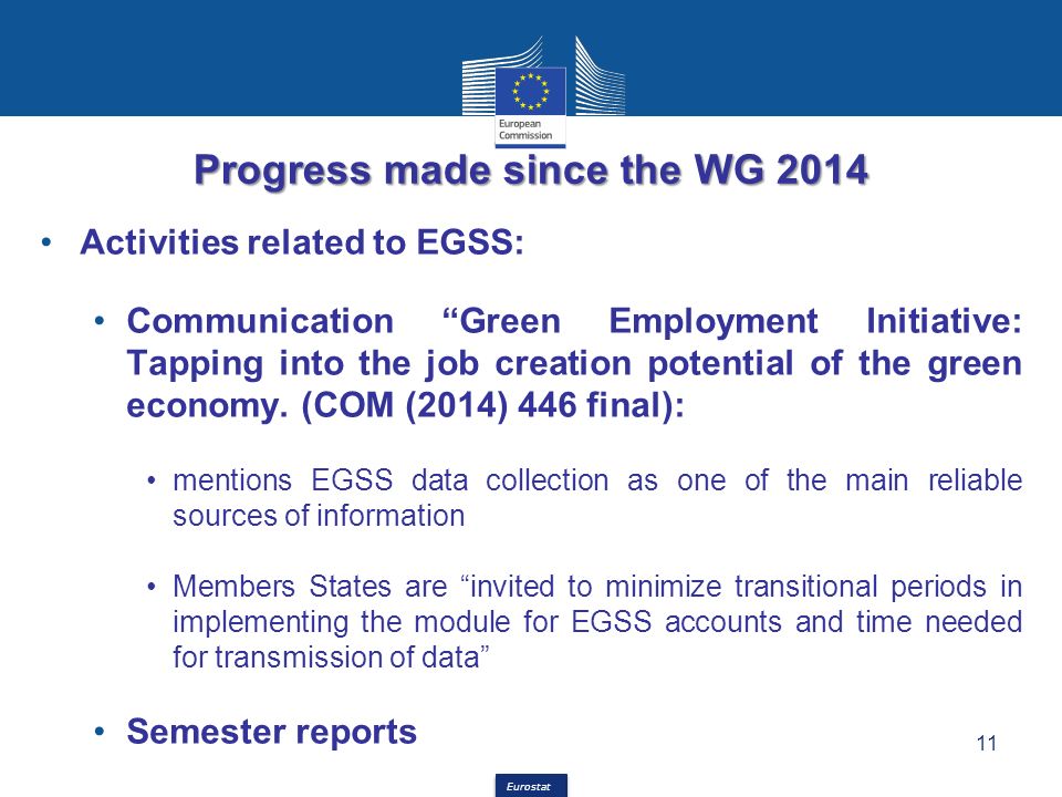 Eurostat Progress made since the WG 2014 Activities related to EGSS: Communication Green Employment Initiative: Tapping into the job creation potential of the green economy.