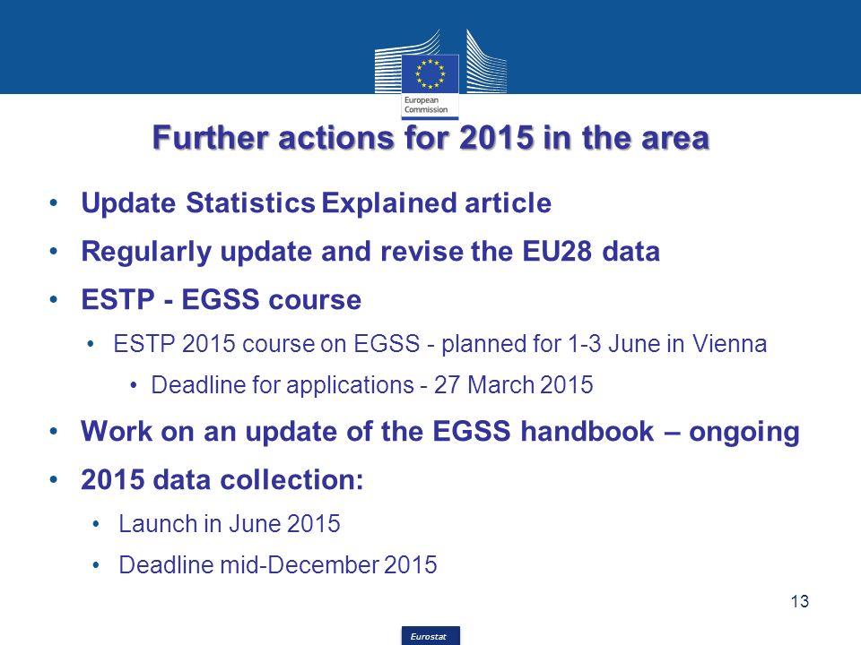 Eurostat Further actions for 2015 in the area Update Statistics Explained article Regularly update and revise the EU28 data ESTP - EGSS course ESTP 2015 course on EGSS - planned for 1-3 June in Vienna Deadline for applications - 27 March 2015 Work on an update of the EGSS handbook – ongoing 2015 data collection: Launch in June 2015 Deadline mid-December