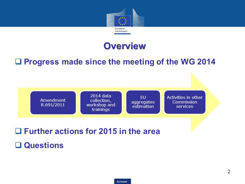 Eurostat Overview  Progress made since the meeting of the WG 2014  Further actions for 2015 in the area  Questions Amendment R.691/ data collection, workshop and trainings Activities in other Commission services EU aggregates estimation 2