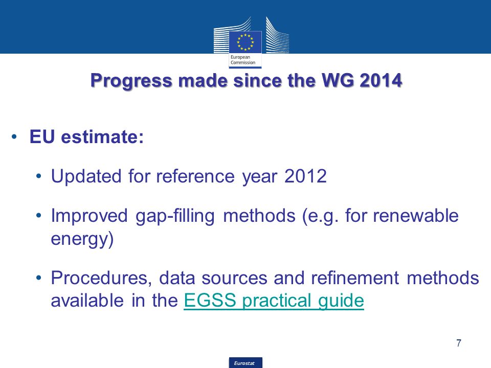 Eurostat Progress made since the WG 2014 EU estimate: Updated for reference year 2012 Improved gap-filling methods (e.g.
