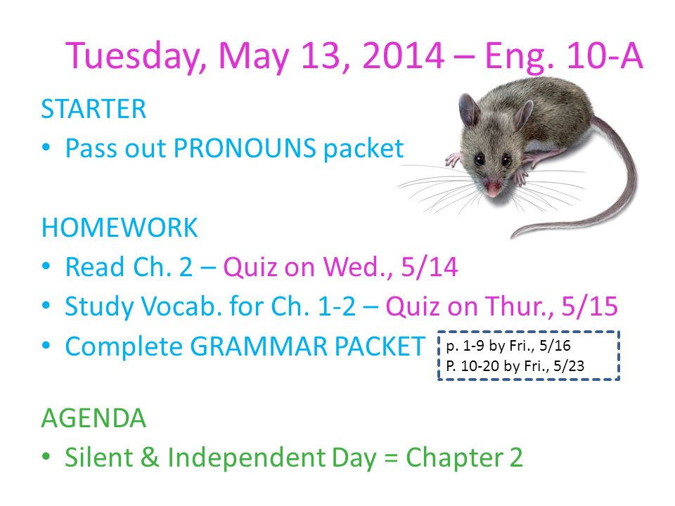 Tuesday, May 13, 2014 – Eng. 10-A STARTER Pass out PRONOUNS packet HOMEWORK Read Ch.