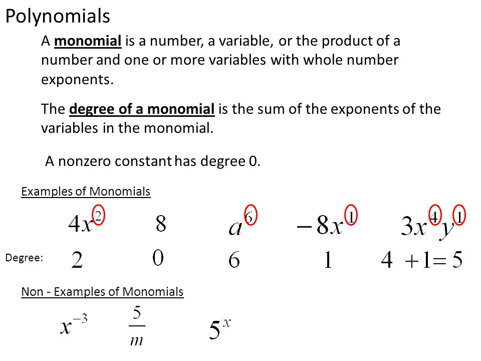 Polynomials A monomial is a number, a variable, or the product of a number and one or more variables with whole number exponents.