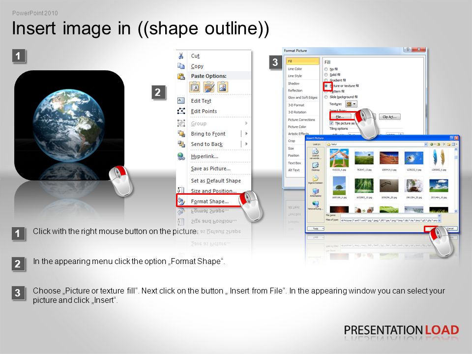 Insert image in ((shape outline)) PowerPoint In the appearing menu click the option „Format Shape .