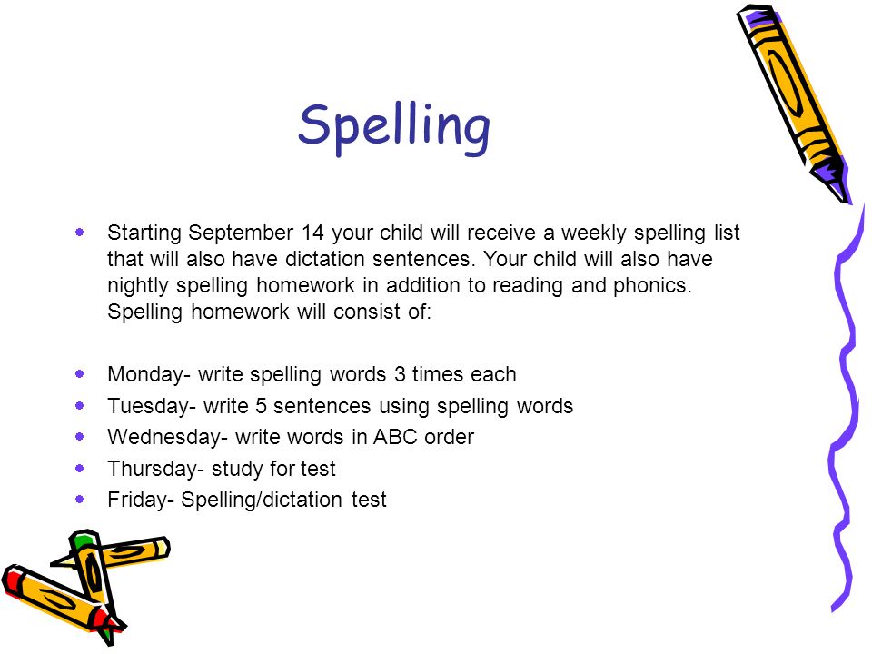 Spelling  Starting September 14 your child will receive a weekly spelling list that will also have dictation sentences.