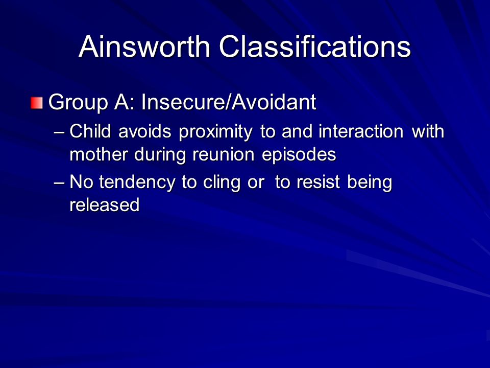 Ainsworth Classifications Group A: Insecure/Avoidant –Child avoids proximity to and interaction with mother during reunion episodes –No tendency to cling or to resist being released