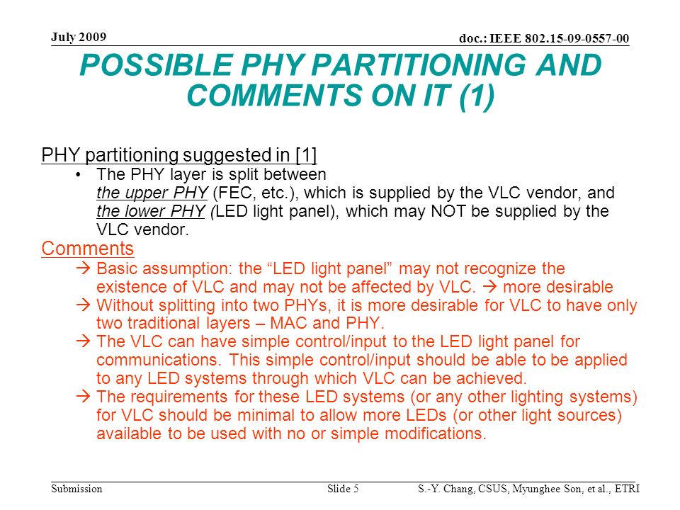 POSSIBLE PHY PARTITIONING AND COMMENTS ON IT (1) PHY partitioning suggested in [1] The PHY layer is split between the upper PHY (FEC, etc.), which is supplied by the VLC vendor, and the lower PHY (LED light panel), which may NOT be supplied by the VLC vendor.