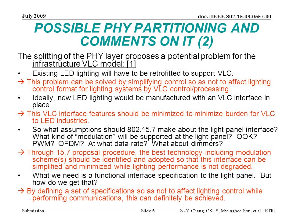 POSSIBLE PHY PARTITIONING AND COMMENTS ON IT (2) The splitting of the PHY layer proposes a potential problem for the infrastructure VLC model: [1] Existing LED lighting will have to be retrofitted to support VLC.