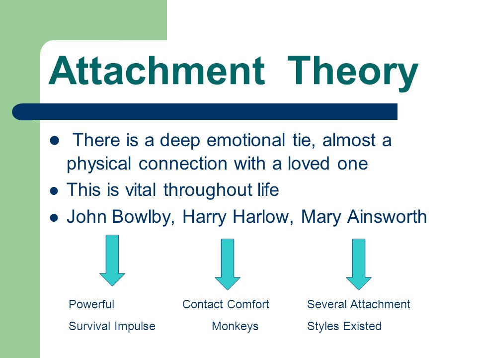 There is a deep emotional tie, almost a physical connection with a loved one This is vital throughout life John Bowlby, Harry Harlow, Mary Ainsworth Powerful Contact ComfortSeveral Attachment Survival ImpulseMonkeysStyles Existed