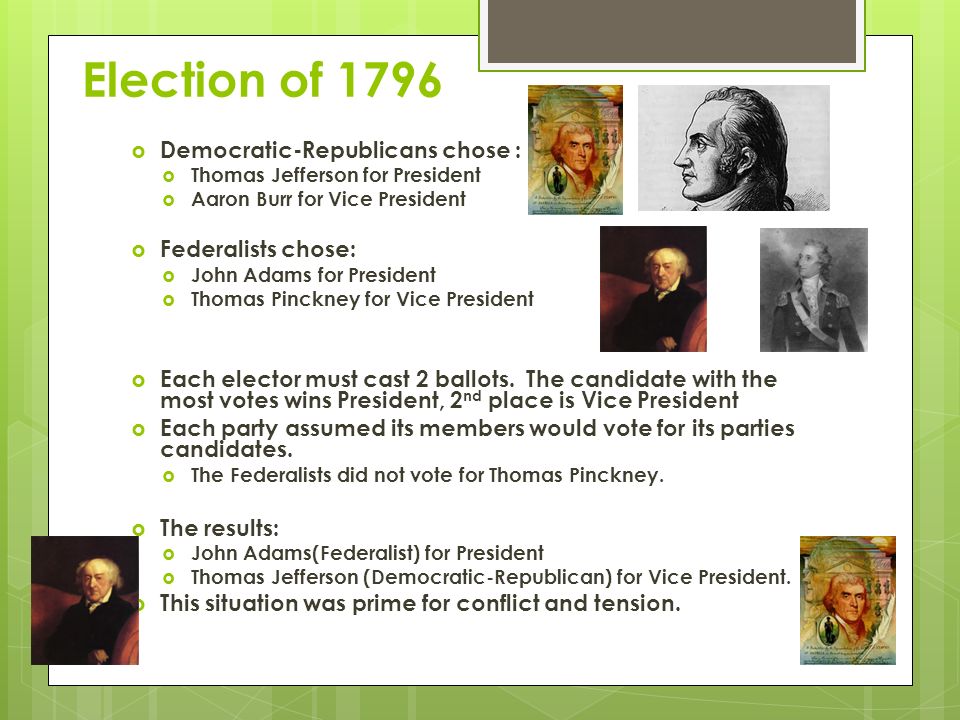 Election of 1796  Democratic-Republicans chose :  Thomas Jefferson for President  Aaron Burr for Vice President  Federalists chose:  John Adams for President  Thomas Pinckney for Vice President  Each elector must cast 2 ballots.
