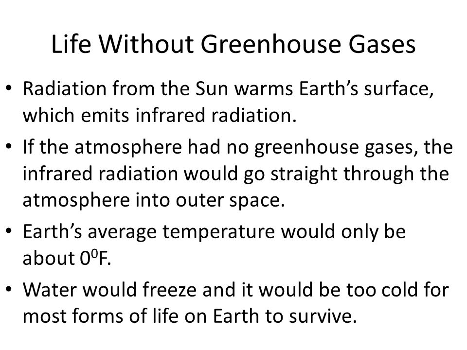Life Without Greenhouse Gases Radiation from the Sun warms Earth’s surface, which emits infrared radiation.