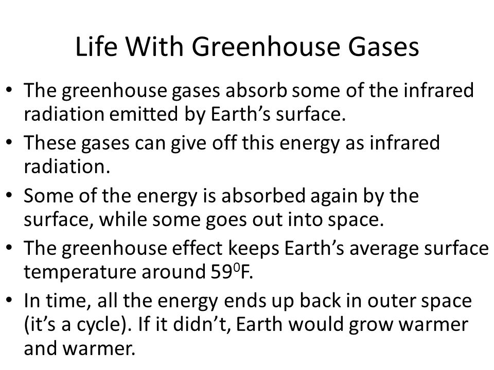 Life With Greenhouse Gases The greenhouse gases absorb some of the infrared radiation emitted by Earth’s surface.