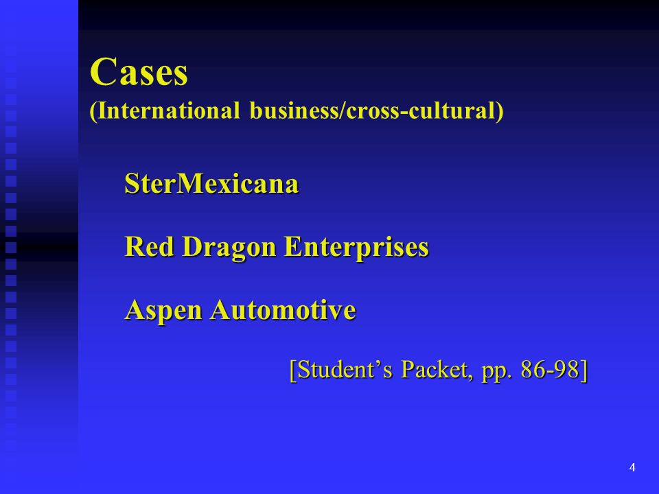 Cases (International business/cross-cultural) SterMexicana Red Dragon Enterprises Aspen Automotive [Student’s Packet, pp.