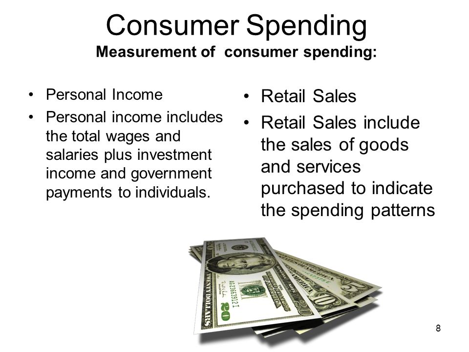 Consumer Spending Measurement of consumer spending: Personal Income Personal income includes the total wages and salaries plus investment income and government payments to individuals.