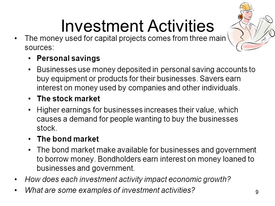 Investment Activities The money used for capital projects comes from three main sources: Personal savings Businesses use money deposited in personal saving accounts to buy equipment or products for their businesses.