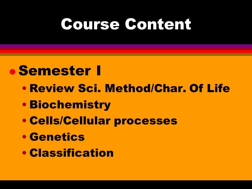 Course Content l Semester I Review Sci. Method/Char.