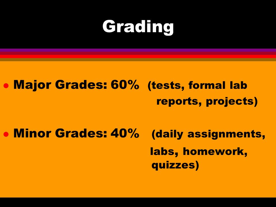 Grading l Major Grades: 60% (tests, formal lab reports, projects) l Minor Grades: 40% (daily assignments, labs, homework, quizzes)
