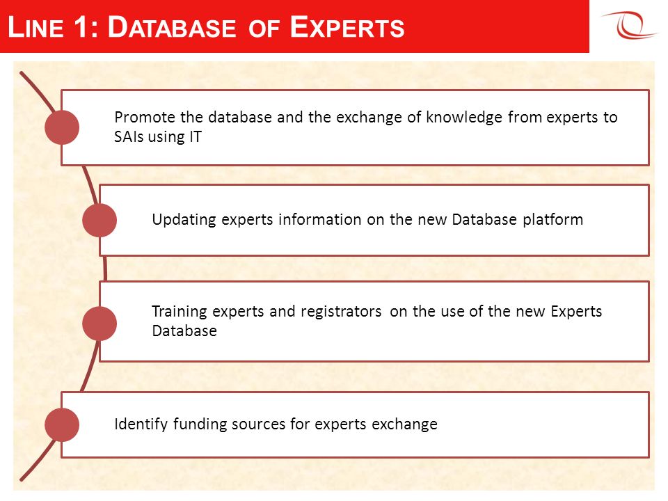 L INE 1: D ATABASE OF E XPERTS Promote the database and the exchange of knowledge from experts to SAIs using IT Updating experts information on the new Database platform Training experts and registrators on the use of the new Experts Database Identify funding sources for experts exchange