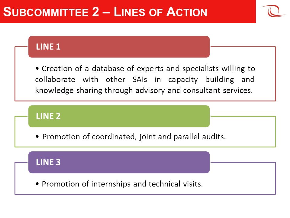 S UBCOMMITTEE 2 – L INES OF A CTION Creation of a database of experts and specialists willing to collaborate with other SAIs in capacity building and knowledge sharing through advisory and consultant services.