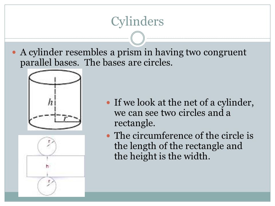 Cylinders A cylinder resembles a prism in having two congruent parallel bases.