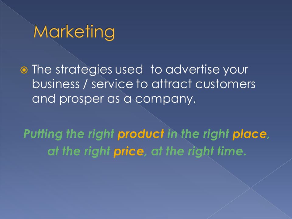  The strategies used to advertise your business / service to attract customers and prosper as a company.