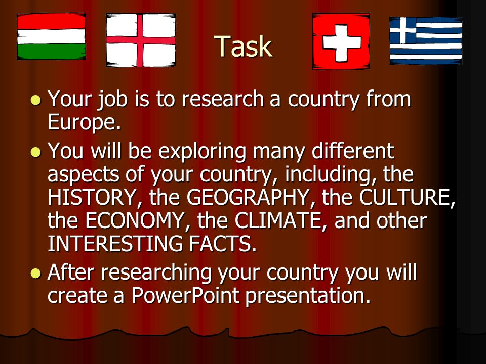 Task Your job is to research a country from Europe.