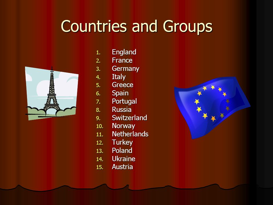 Countries and Groups 1. England 2. France 3. Germany 4.