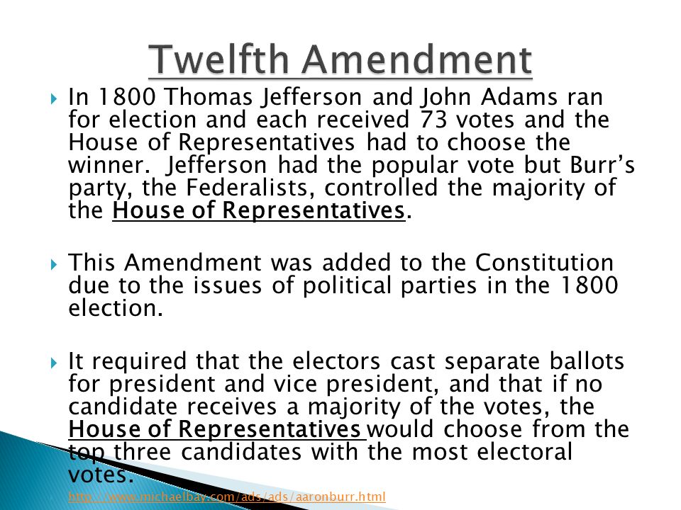  In 1800 Thomas Jefferson and John Adams ran for election and each received 73 votes and the House of Representatives had to choose the winner.