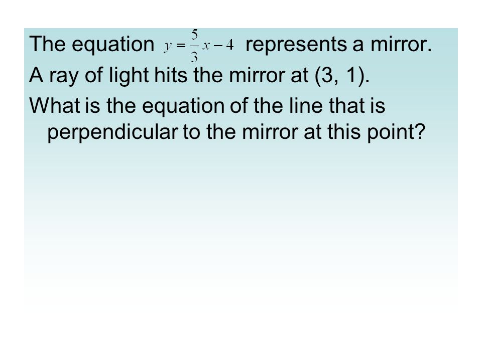 The equation represents a mirror. A ray of light hits the mirror at (3, 1).