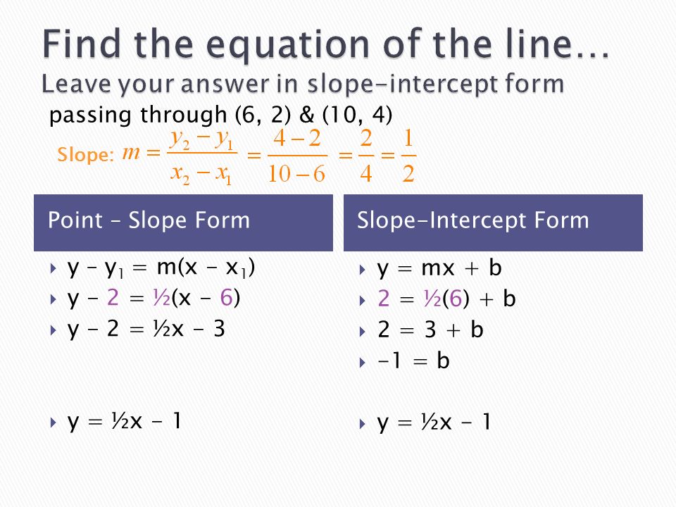 Point – Slope FormSlope-Intercept Form  y – y 1 = m(x - x 1 )  y - 2 = ½(x - 6)  y - 2 = ½x - 3  y = ½x - 1  y = mx + b  2 = ½(6) + b  2 = 3 + b  -1 = b  y = ½x - 1 Slope: passing through (6, 2) & (10, 4)