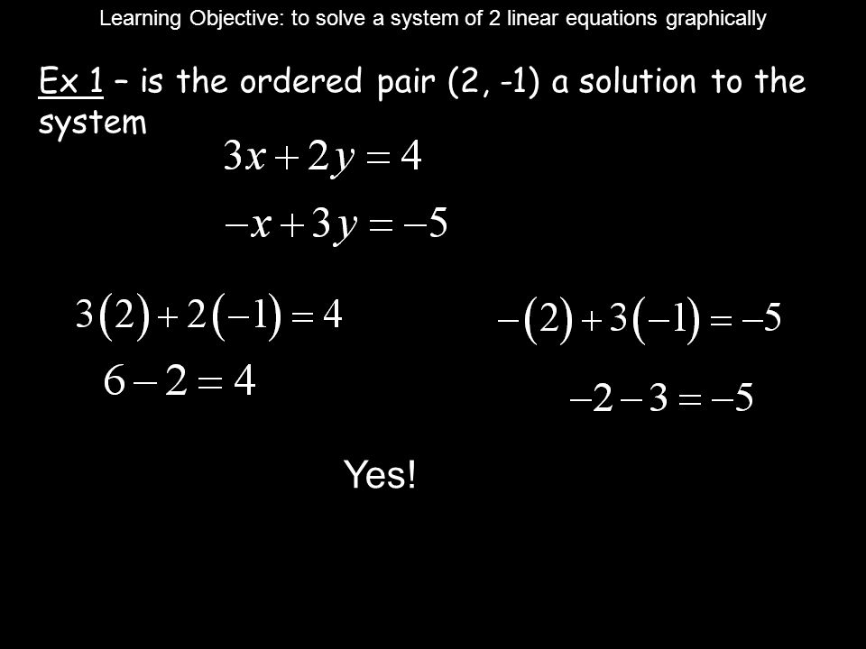 Learning Objective: to solve a system of 2 linear equations graphically Yes.