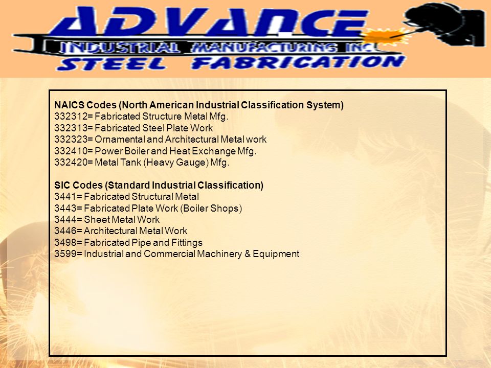 NAICS Codes (North American Industrial Classification System) = Fabricated Structure Metal Mfg.