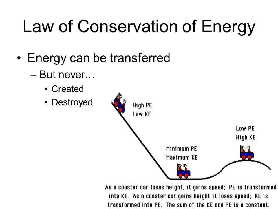 Law of Conservation of Energy Energy can be transferred –But never… Created Destroyed