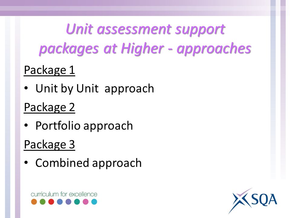 Unit assessment support packages at Higher - approaches Package 1 Unit by Unit approach Package 2 Portfolio approach Package 3 Combined approach