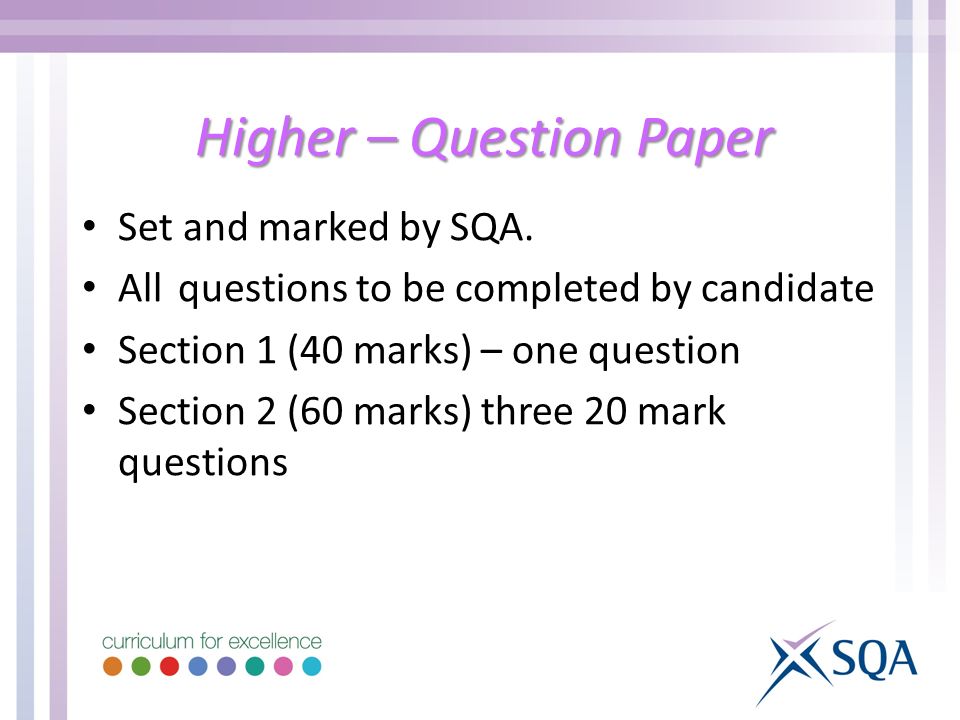 Higher – Question Paper Set and marked by SQA.