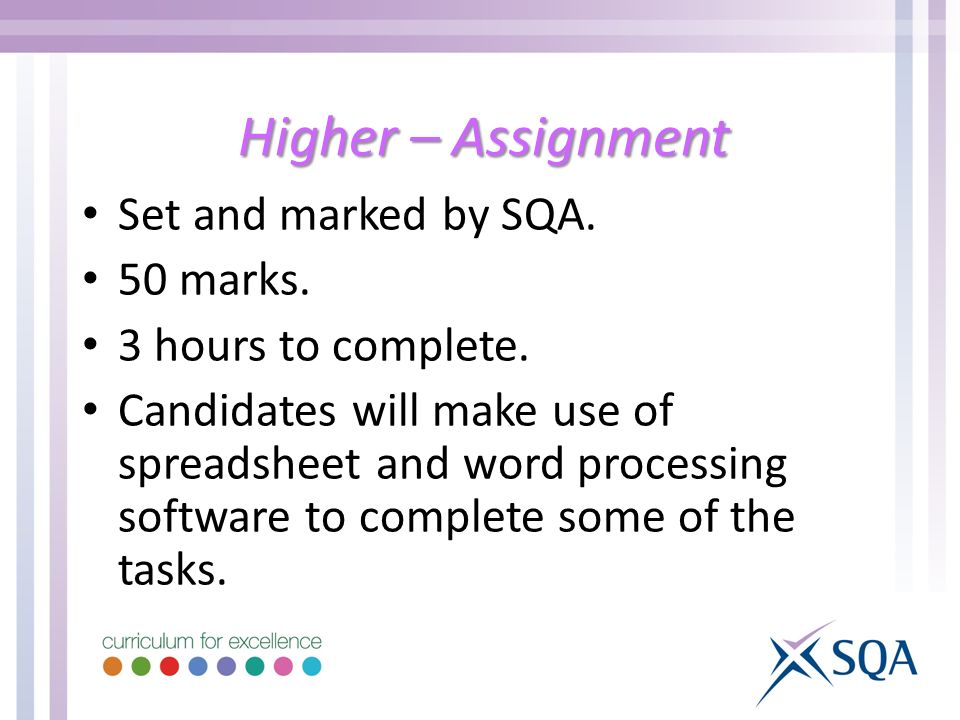 Higher – Assignment Set and marked by SQA. 50 marks.