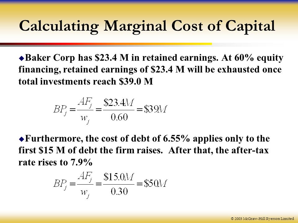 2003 Mcgraw Hill Ryerson Limited 11 Chapter Cost Of Capital 2003 Mcgraw Hill Ryerson Limited Calculating Marginal Cost Of Capital Baker Corp Has