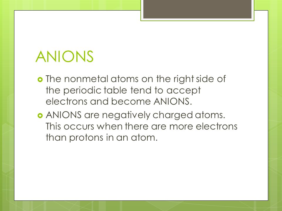 ANIONS  The nonmetal atoms on the right side of the periodic table tend to accept electrons and become ANIONS.
