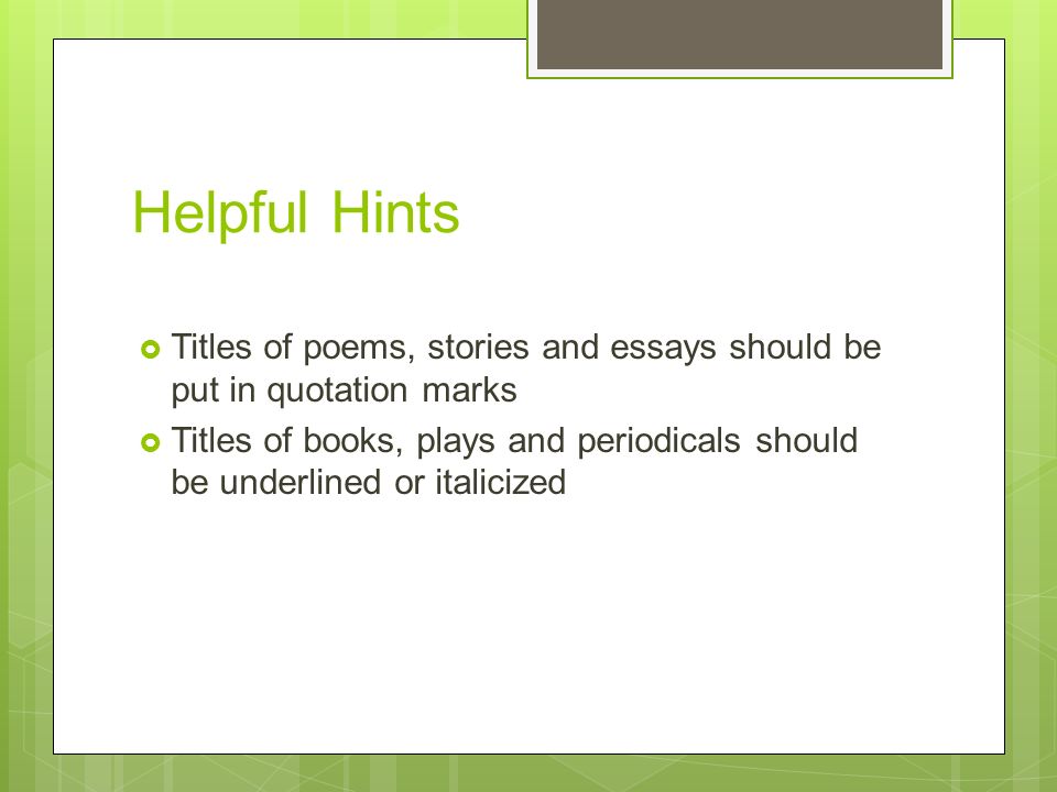 are poems underlined or italicized in essays Generally (though standards ay differ) longer works are italicized and shorter works are in quotes that's to say that books, be they poems or otherwise, are italicized (the iliad, for example, is a poem, but it's italicized) short stories and shorter poems are in quotes. are poems underlined or italicized in essays Generally (though standards ay differ) longer works are italicized and shorter works are in quotes that's to say that books, be they poems or otherwise, are italicized (the iliad, for example, is a poem, but it's italicized) short stories and shorter poems are in quotes.