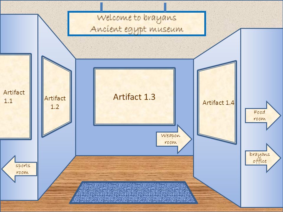 Welcome to brayans Ancient egypt museum Artifact 1.3 Artifact 1.2 Artifact 1.4 Artifact 1.1 brayans office Weapon room sports room Food room