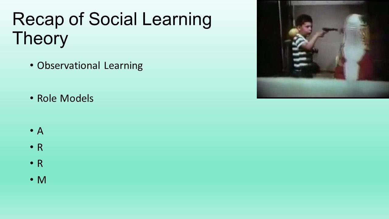 Recap of Social Learning Theory Observational Learning Role Models A R R M