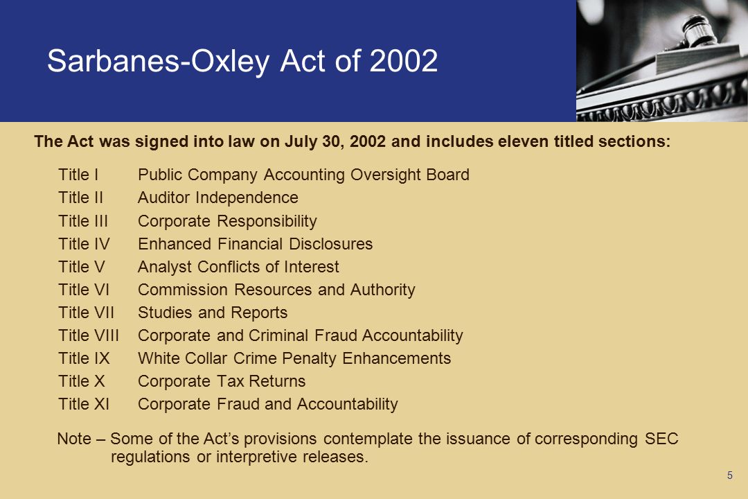 sarbanes oxley act article Enron as a symptom of audit process breakdown: the sarbanes-oxley act see table 2 for a summary of the provisions of sarbanes-oxley as they relate to the. sarbanes oxley act article Enron as a symptom of audit process breakdown: the sarbanes-oxley act see table 2 for a summary of the provisions of sarbanes-oxley as they relate to the.