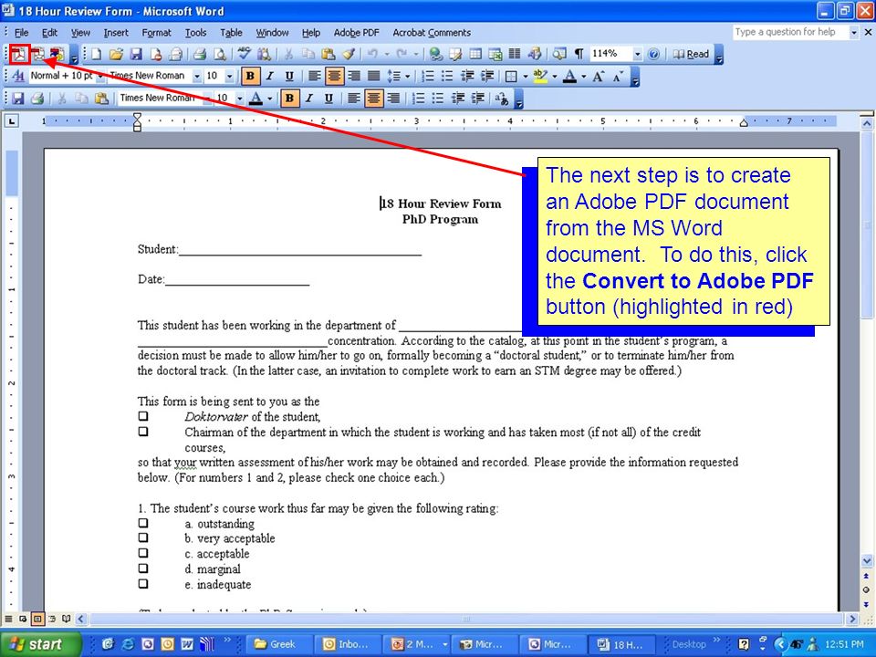 The next step is to create an Adobe PDF document from the MS Word document.