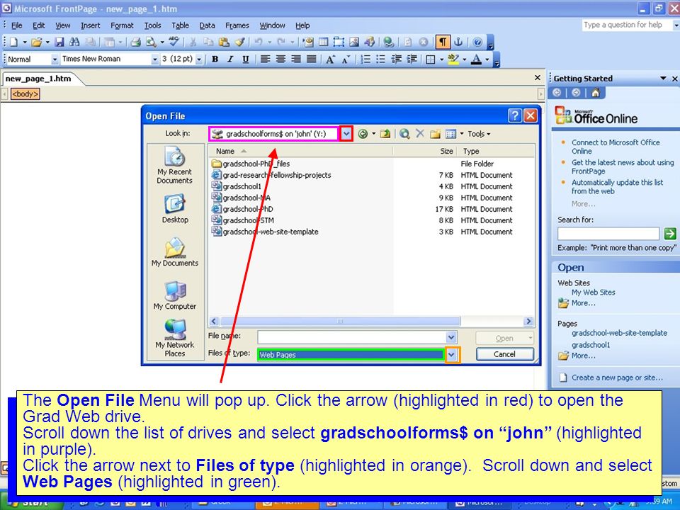 The Open File Menu will pop up. Click the arrow (highlighted in red) to open the Grad Web drive.