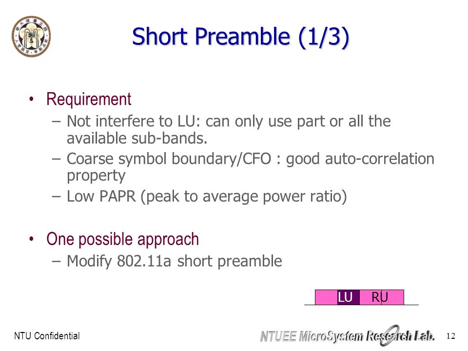 NTU Confidential 12 Short Preamble (1/3) Requirement –Not interfere to LU: can only use part or all the available sub-bands.