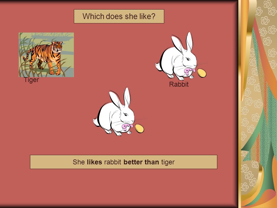 Which does she like Tiger Rabbit She likes rabbit better than tiger