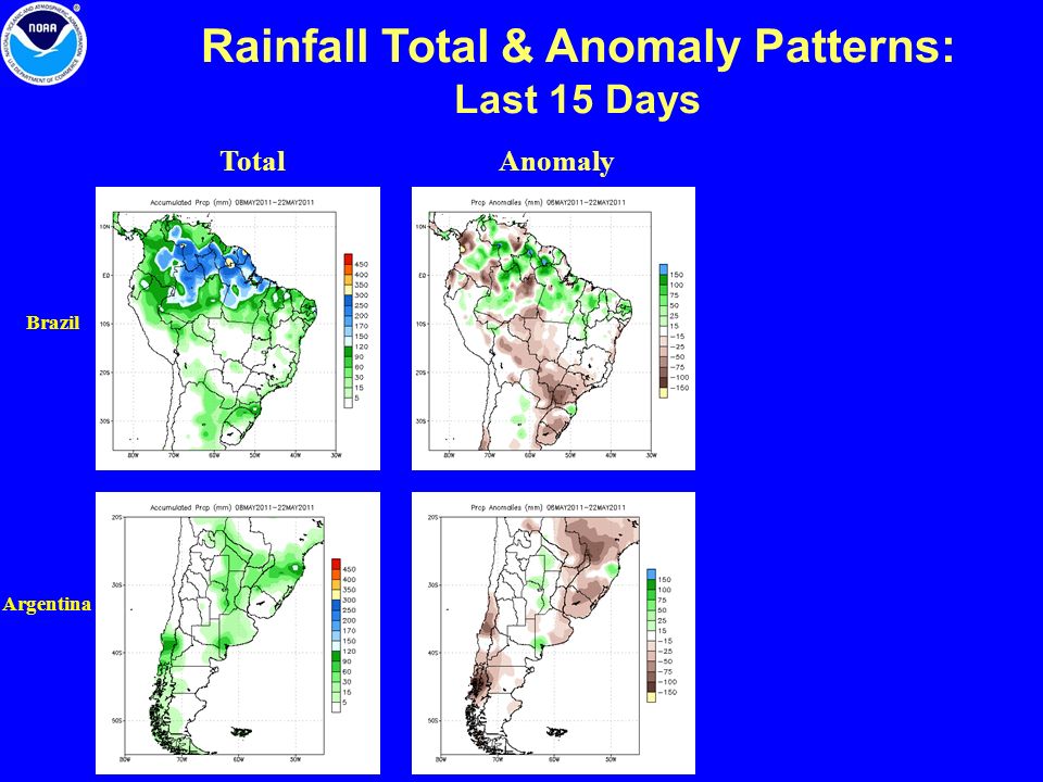 Rainfall Total & Anomaly Patterns: Last 15 Days Total Argentina Brazil Anomaly