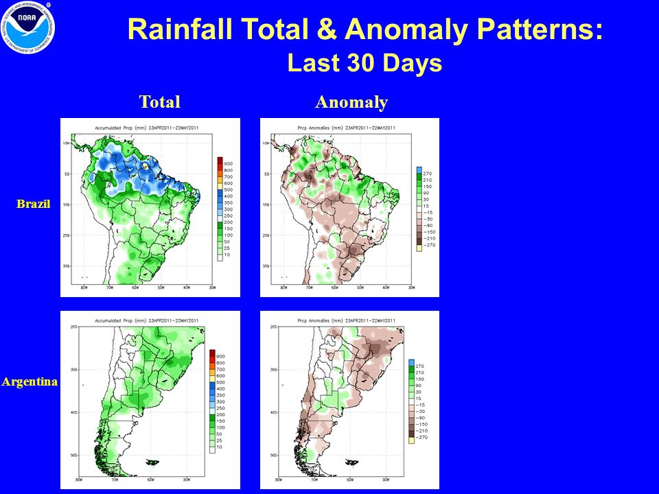 Rainfall Total & Anomaly Patterns: Last 30 Days Total Argentina Brazil Anomaly