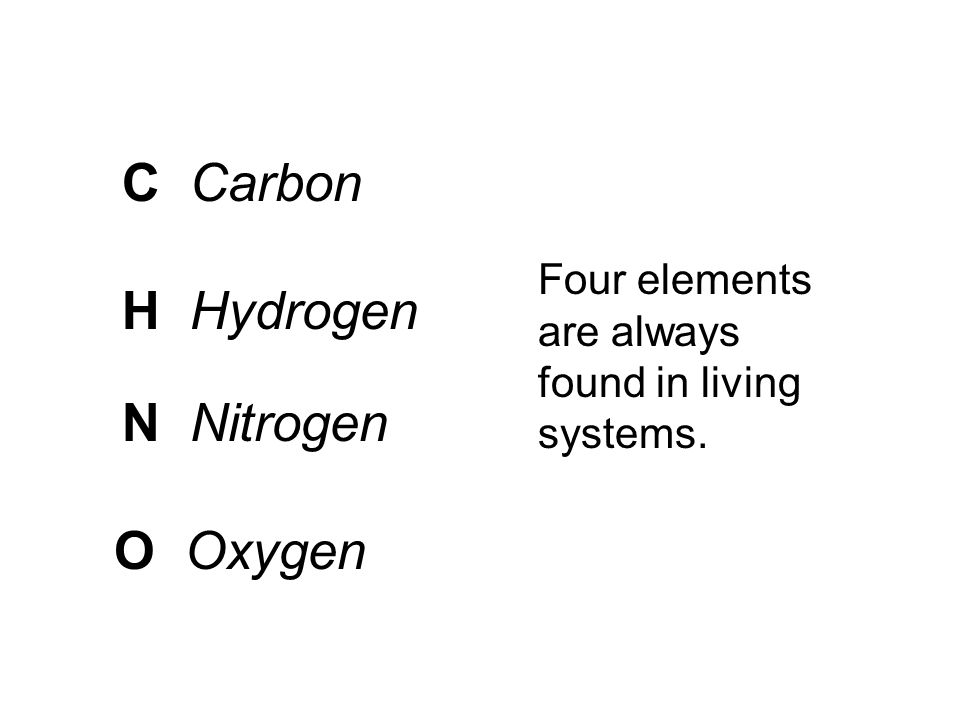 C Carbon H Hydrogen N Nitrogen O Oxygen Four elements are always found in living systems.