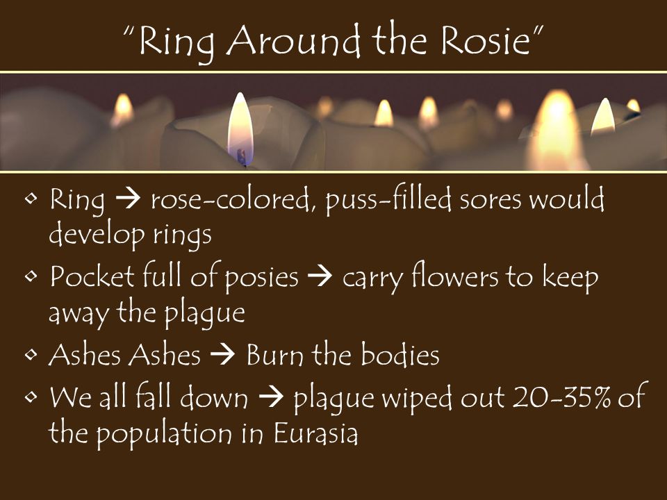 Ring Around the Rosie Ring  rose-colored, puss-filled sores would develop rings Pocket full of posies  carry flowers to keep away the plague Ashes Ashes  Burn the bodies We all fall down  plague wiped out 20-35% of the population in Eurasia